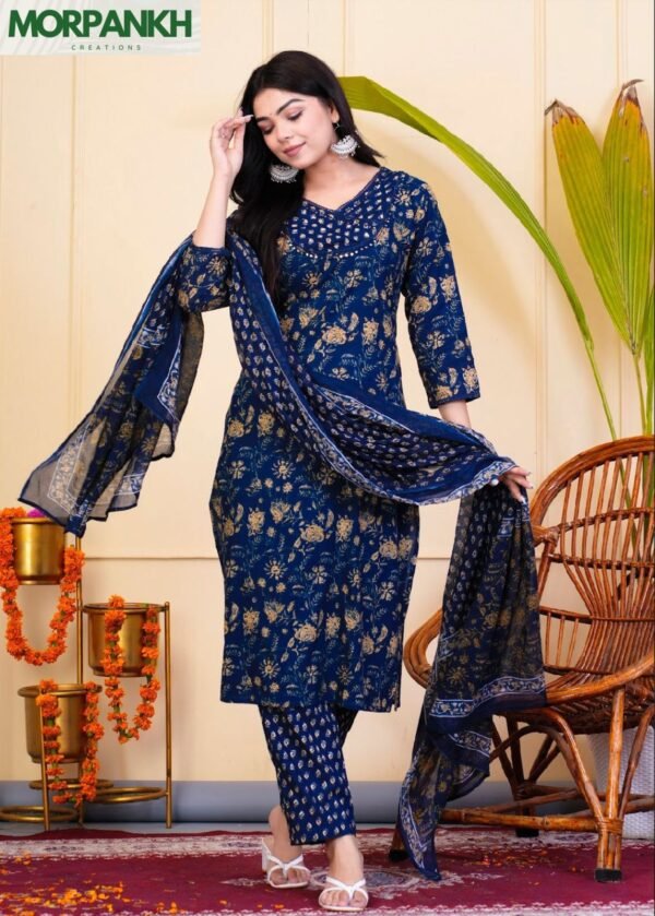 Morpankh Blue Cotton Floral Gathered Suit Set - Image 2