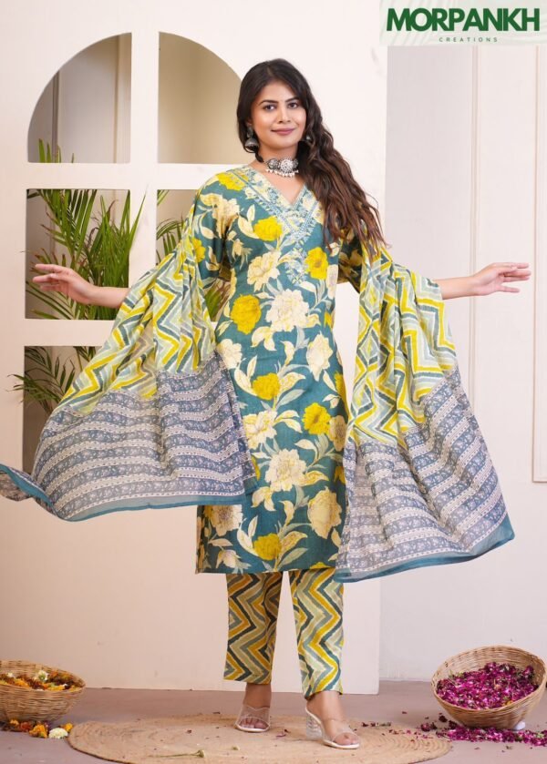 Green Floral Printed Straight Kurta Set
